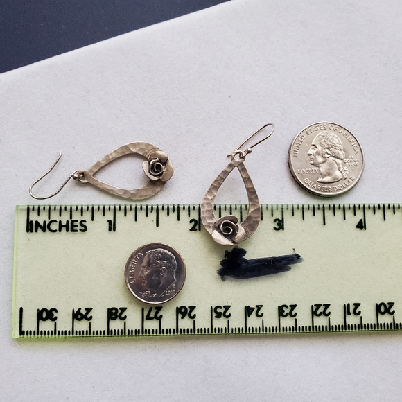 RL Israel Matte Sterling Hammered Teardrop Earrings with Roses - Picture 7 of 8